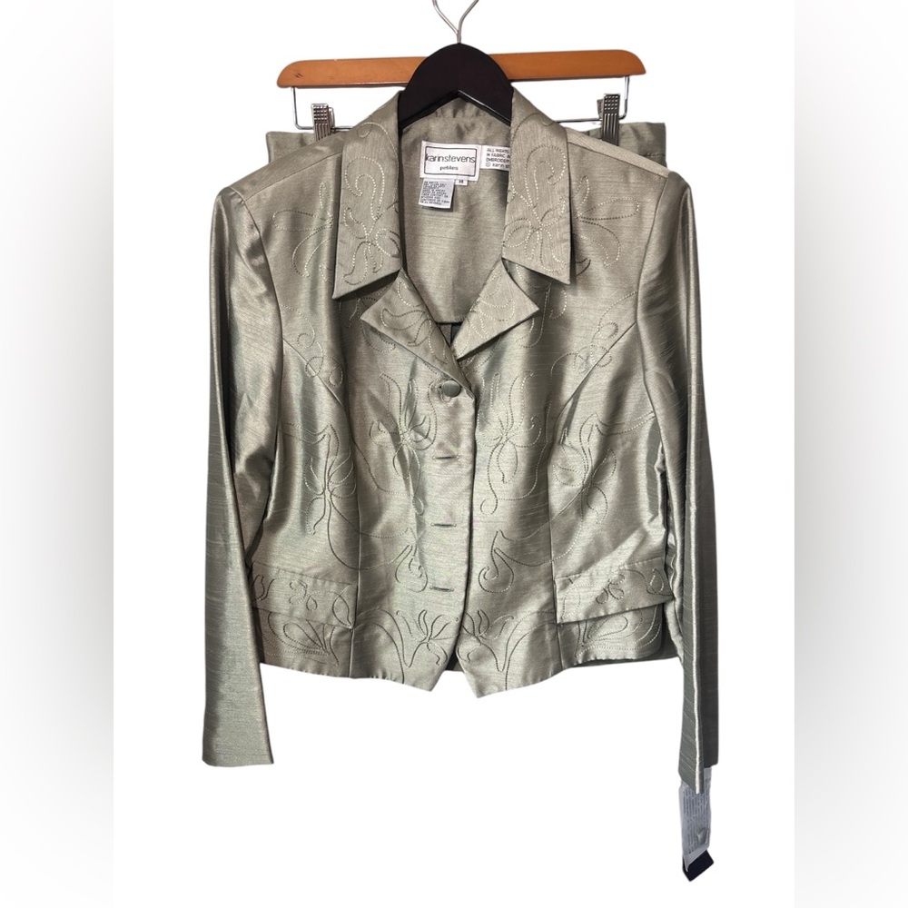 NWT Karin Steven's Petite Sage Green Brocade Skirt Suit 14P. Formal, Business